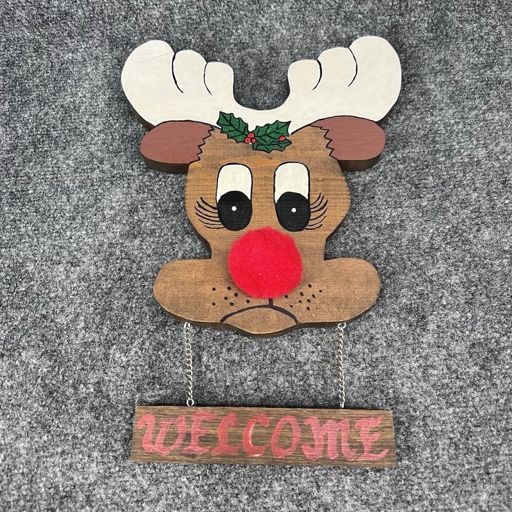 Hand Made Painted 3D Wood Rudolph the Red Nose Reindeer Christmas Welcome Sign